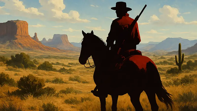 Главный герой Red Dead Redemption Джон Марстон на лошади в прериях, символизирующий культовый вестерн