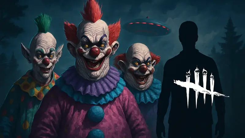 Обложка игры Killer Klowns From Outer Space с жуткими клоунами и логотипом Dead by Daylight.
