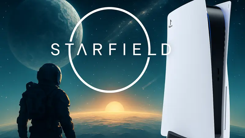 Логотип Starfield на фоне PlayStation 5, с датой "7 апреля 2026 года" в качестве водяного знака.