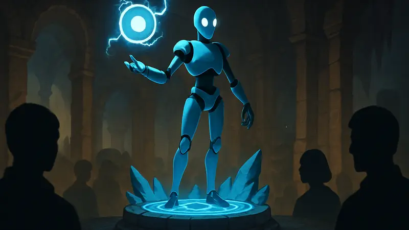 Неофициальная статуя Дефекта из Slay the Spire 2 с подсветкой на тематической платформе.