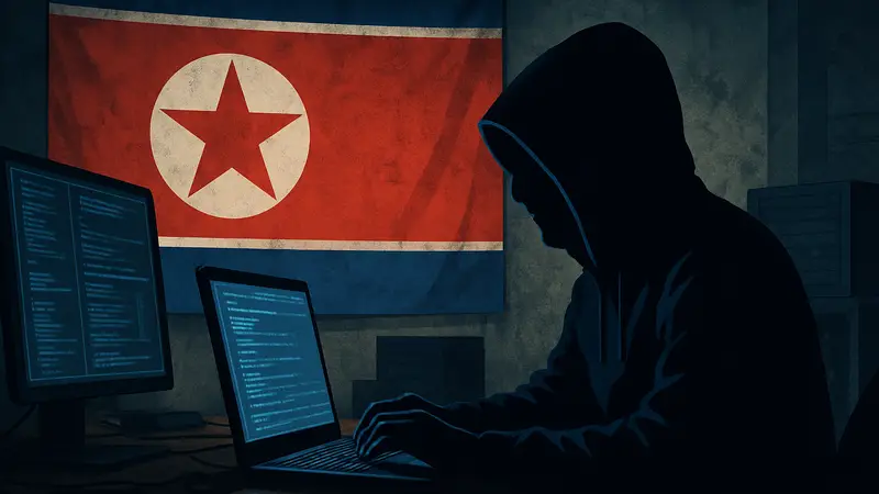 Стилизованное изображение хакера за компьютером с флагом КНДР на фоне, символизирующее киберпреступление и приговор. Кибербезопасность.