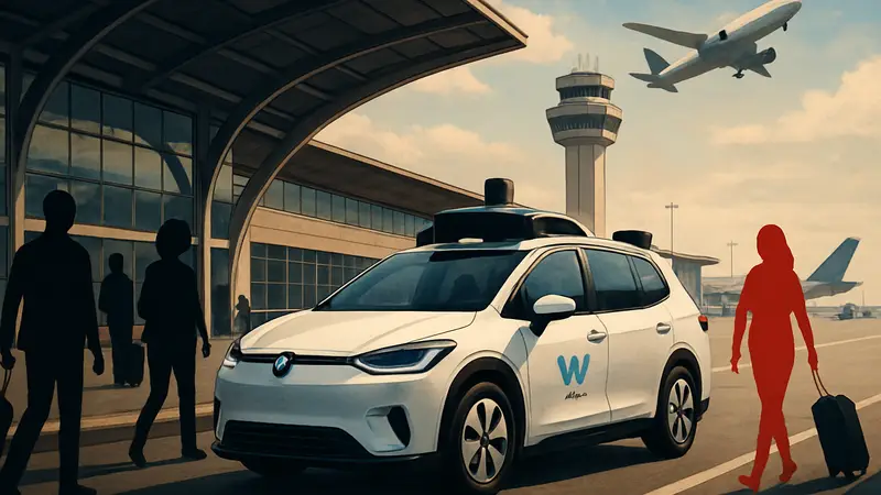 Беспилотное такси Waymo подъезжает к терминалу аэропорта Сан-Франциско.