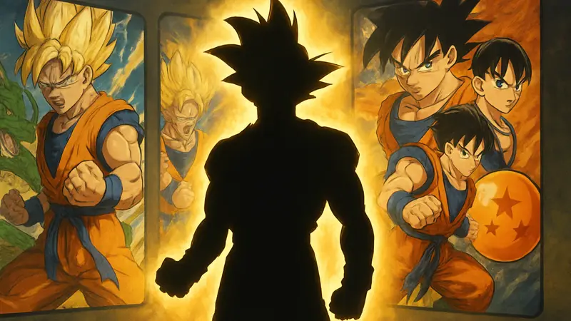 Гоку из Dragon Ball Z с яркой аурой, на фоне обложек лучших игр серии, символизирующих мощь и качество.