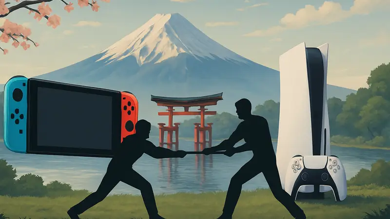 Консоли Nintendo Switch 2 и PlayStation 5 на фоне японского пейзажа, борьба за рынок