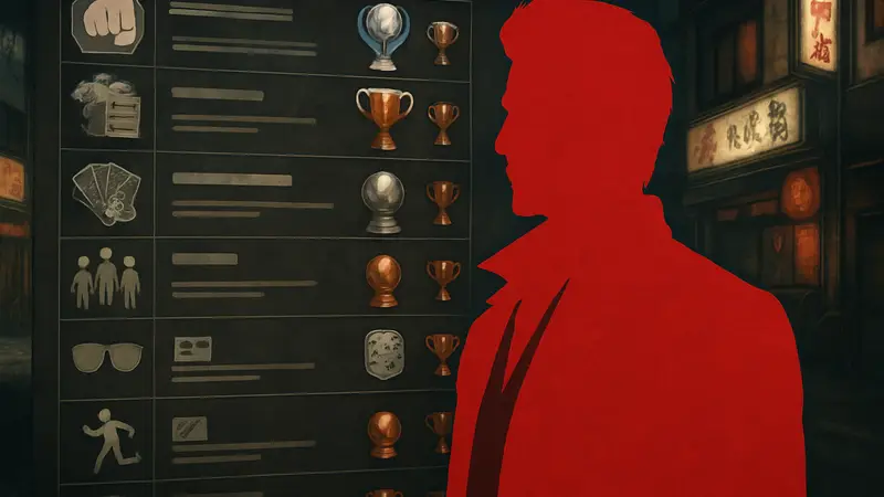 Кирю Казума из Yakuza Kiwami 3 на фоне списка трофеев и достижений