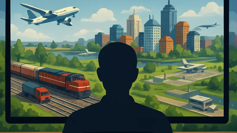 Игровой скриншот OpenTTD в Steam: поезда, грузовики и самолеты на фоне развитого города.