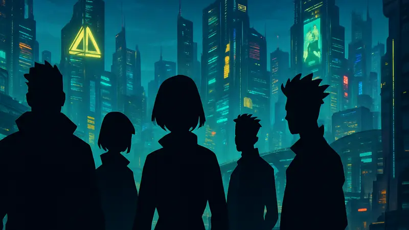 Персонажи из аниме Cyberpunk Edgerunners на фоне футуристического Найт-Сити из трейлера.