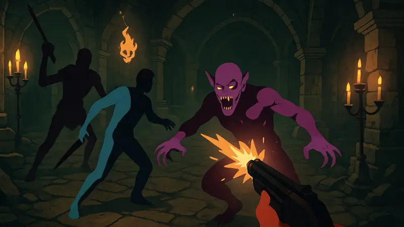 Игровой скриншот Vampire Crawlers с видом от первого лица, демонстрирующий бой в подземелье.