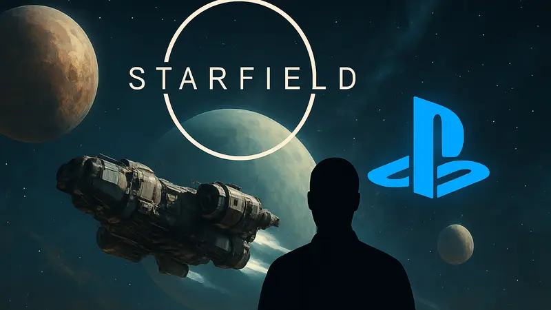 Логотип Starfield с космическим кораблем и планетами, символ PlayStation 5