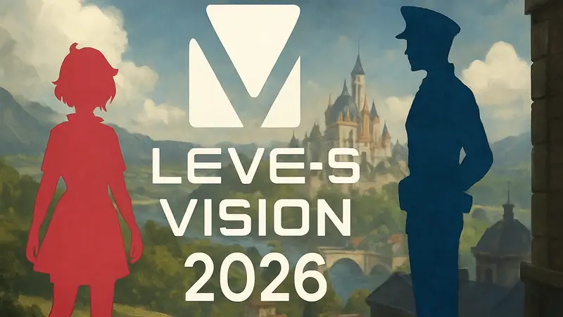 Логотип Level-5 Vision 2026 на фоне обложки игры Ni no Kuni или DECAPOLICE.