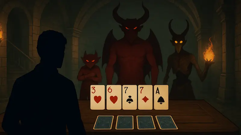 Скриншот из игры The Devil's Due с карточным полем и демоническими противниками на ПК.