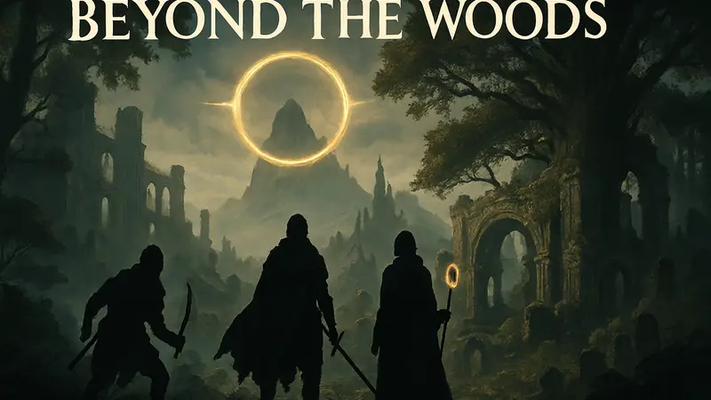 Обложка или арт настольной ролевой игры Beyond the Woods в стиле Elden Ring.
