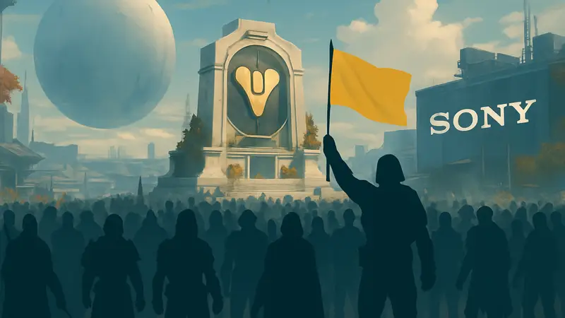 Скриншот из Destiny 2, толпа игроков у монумента, протест сообщества, логотип Sony