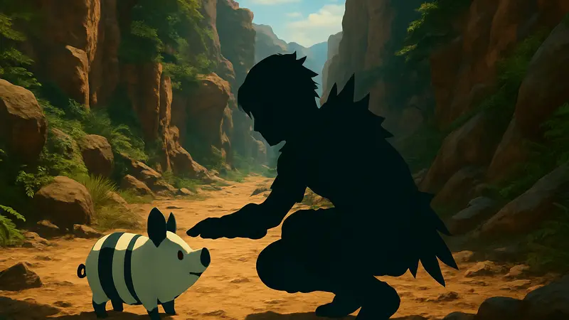 Игровой скриншот Monster Hunter Stories 3, где персонаж взаимодействует с пуги