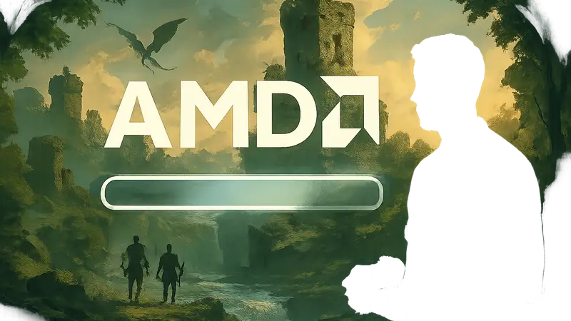 Логотип AMD на фоне быстро загружающейся игры, символизирующий новую технологию.