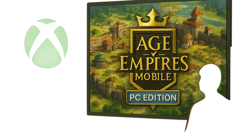 Логотип Age of Empires Mobile PC Edition на фоне Game Pass, скриншот игры