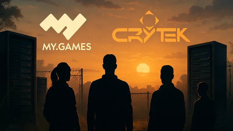 Закрытие серверов онлайн-игр My.Games и Crytek. Логотип My.Games на фоне заката.