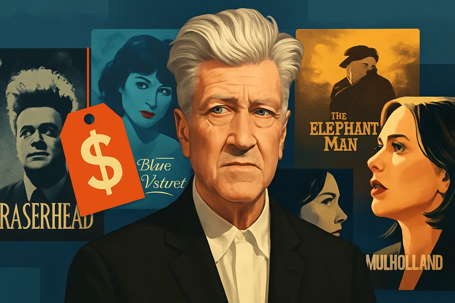 Портрет Дэвида Линча на фоне обложек фильмов Criterion Collection, символизирующий распродажу.