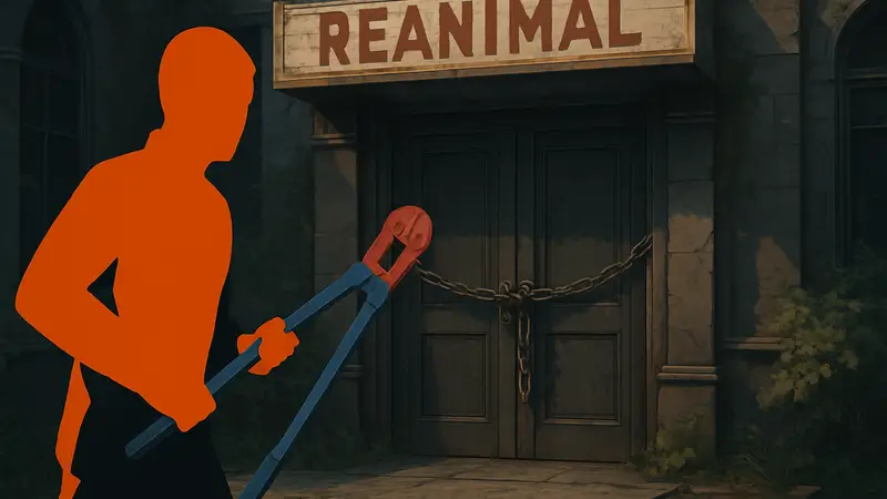 Игрок в REANIMAL держит болторез, готовясь открыть цепную дверь в заброшенный кинотеатр.