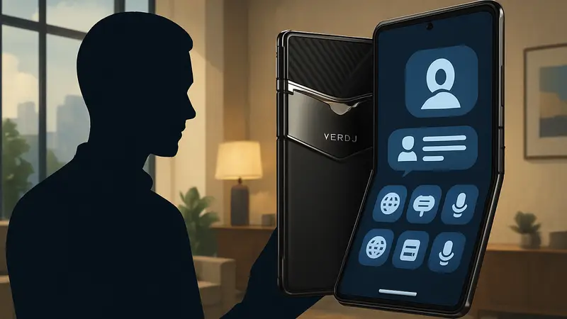 Изображение люксового складного смартфона Vertu с элементами интерфейса ИИ-агента.