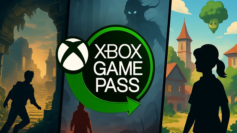 Логотип Xbox Game Pass на фоне обложек новых игр, включая Absolum.