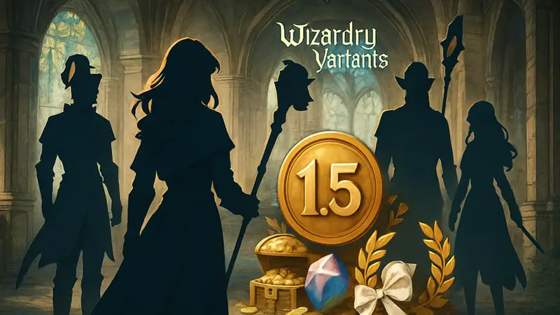 Объявление о праздновании 1.5-летия игры Wizardry Variants Daphne с изображением героев и наград