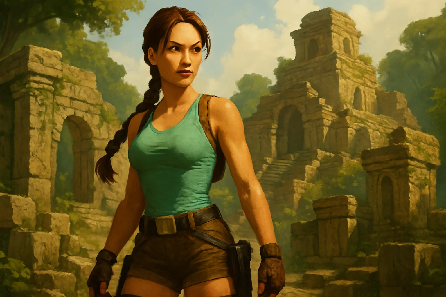 Лара Крофт из классических игр Tomb Raider на фоне древних руин