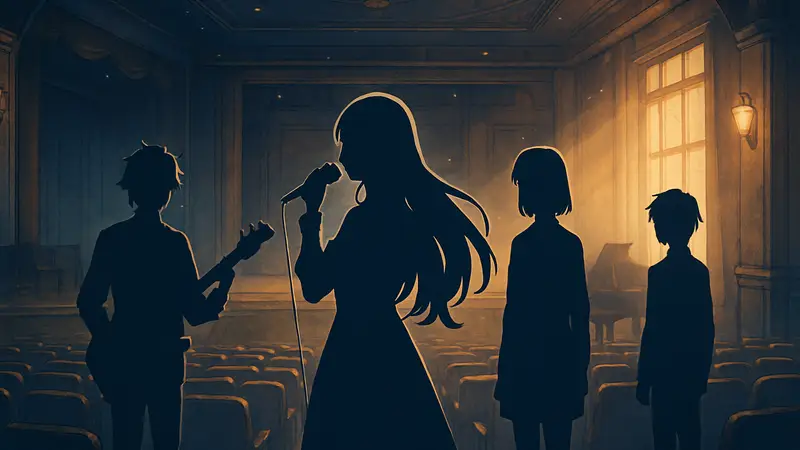 Новый ключевой визуал аниме Ghost Concert: Missing Songs с персонажами и датой премьеры.