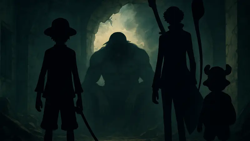 Изображение главных персонажей One Piece в драматической или мрачной сцене