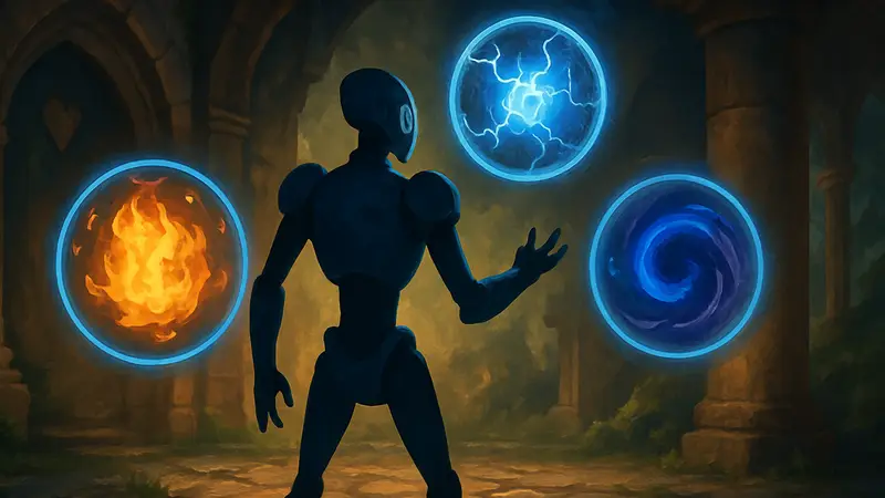 Изображение персонажа Дефект из игры Slay the Spire 2, окруженного магическими сферами