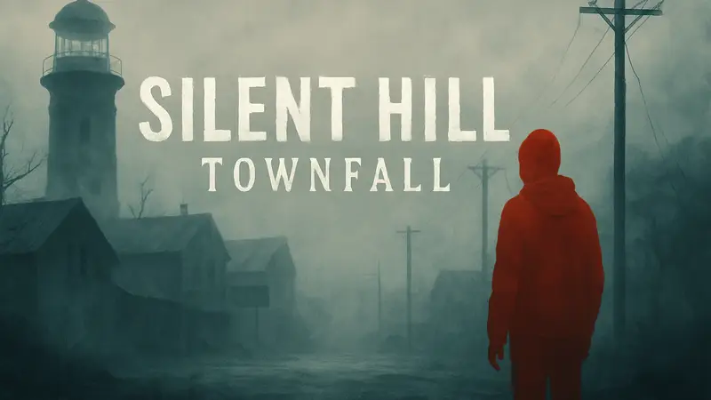 Логотип Silent Hill: Townfall на фоне туманного пейзажа с мрачными силуэтами, концепт-арт игры