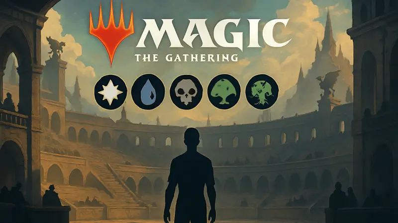 Логотип Magic: The Gathering и иконки карт на фоне фэнтезийной арены