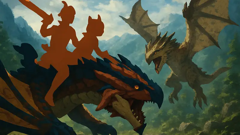 Главные герои Monster Hunter Stories 3: Twisted Reflection верхом на монстре в бою.