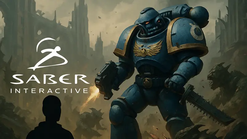Логотип Saber Interactive и арт из игры Warhammer 40,000: Space Marine 2