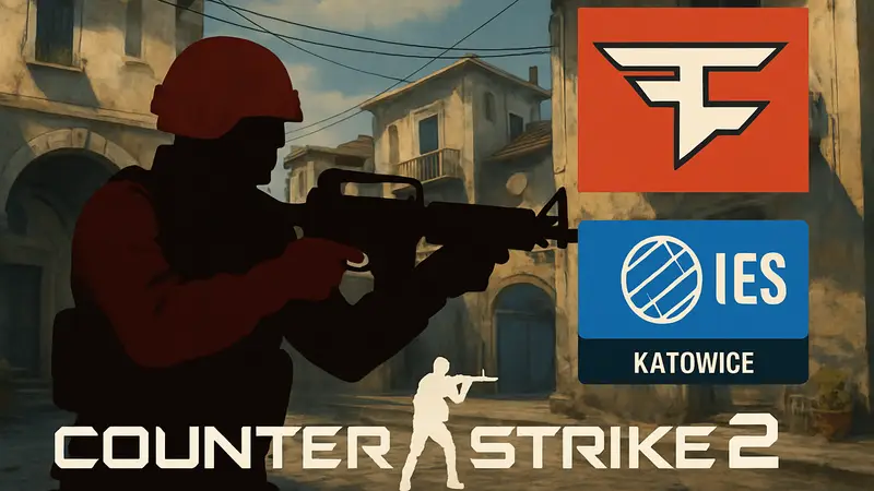 Обложка Counter-Strike 2 с логотипами FaZe Clan и турниров IEM Katowice.