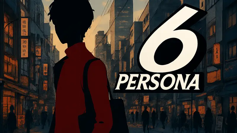 Логотип игры Persona 6 на фоне японского города, стилизованный под арты Atlus.