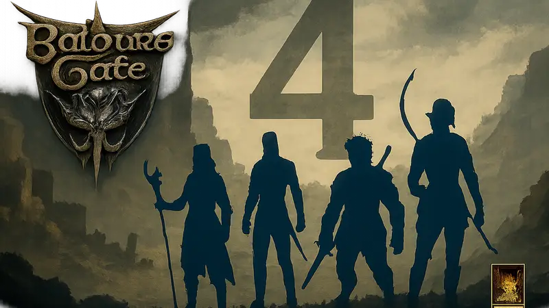 Логотип Baldur's Gate 3, персонажи игры на фоне надписи Baldur's Gate 4, Larian Studios.
