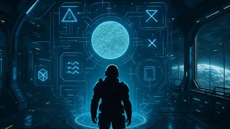 Главный герой игры Pragmata стоит на футуристической станции, окружённый непонятными символами и голограммами.