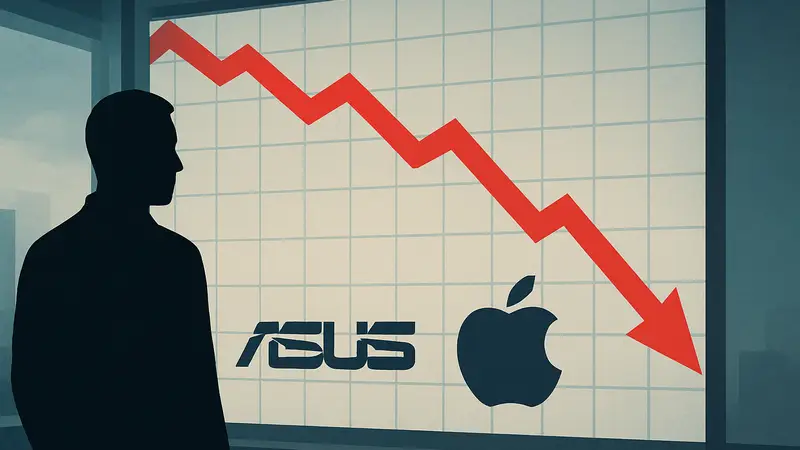 График падения поставок ПК с красной стрелкой вниз и логотипами брендов Asus и Apple.