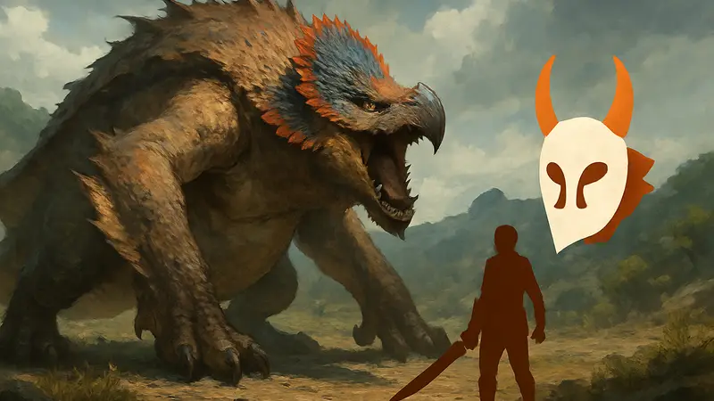 Изображение монстра Ромпополо из Monster Hunter Wilds, рядом с маской, которую можно получить.