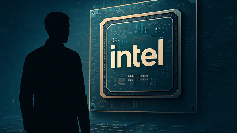 Логотип Intel на фоне графического процессора, символизирующий амбиции компании на рынке GPU.