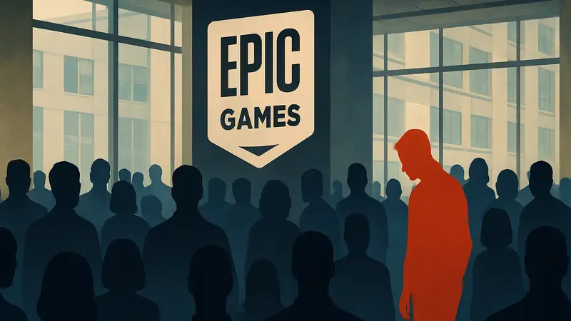 Логотип Epic Games на фоне множества силуэтов людей, символизирующих увольнения