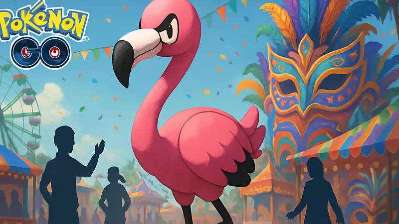 Изображение покемона Flamigo из Pokémon Go на фоне ярких элементов карнавала в мобильной игре.
