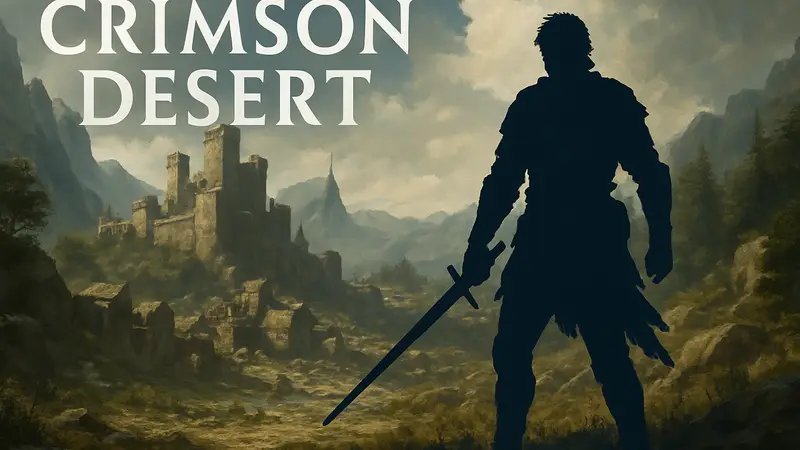 Логотип игры Crimson Desert и скриншот из игрового процесса с персонажем