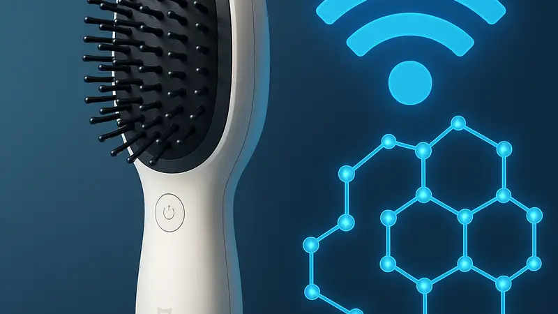 Умная массажная расческа Xiaomi Mijia Smart Head Massage Comb с элементами дизайна, демонстрирующая Wi-Fi и графен.