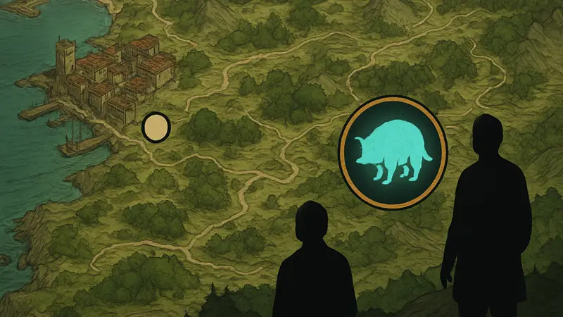 Карта Crimson Desert с отметкой порта Деменис и местом обитания существа Bo.