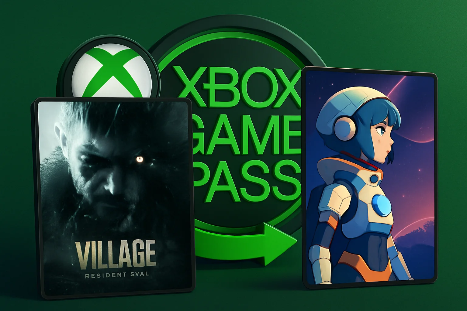 Обложки игр Resident Evil Village и MIO: Memories in Orbit на фоне логотипа Xbox Game Pass