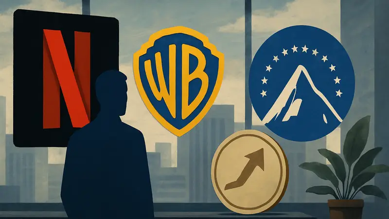 Логотипы Netflix, Warner Bros. Discovery и Paramount, с символикой инвестиционной компании Ancora.