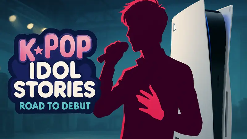 Логотип K-Pop Idol Stories: Road to Debut и стилизованное изображение K-Pop идола на фоне PS5.