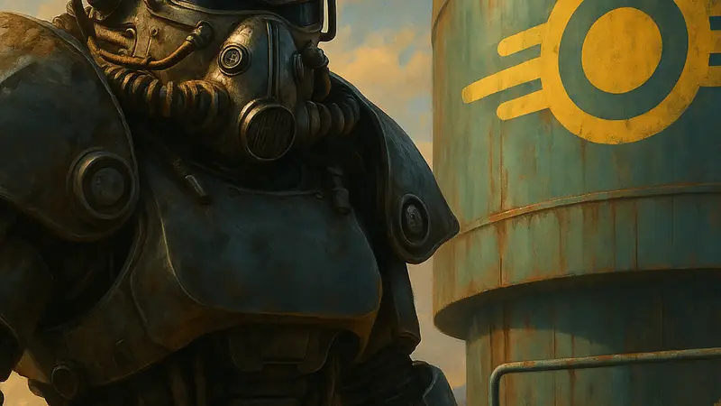 Кадр из сериала Fallout со знаменитой силовой бронёй и логотипом Vault-Tec